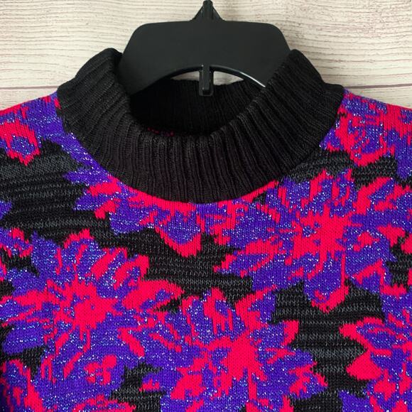 Vintage Floral Sweater Mock Turtleneck 80s 90s Neon Pink Purple Glitter Retro - Picture 4 of 15